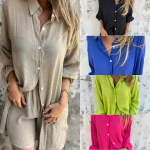 🎉2025 New Products Hot Sale✨Women's Casual Long Sleeve Shirt & Shorts Two-Piece Set