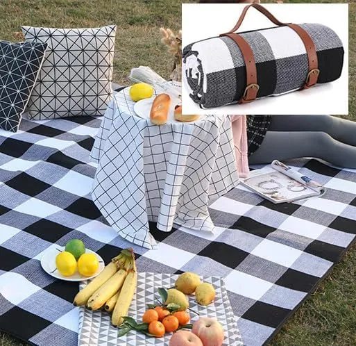 2x2M Portable Picnic Blanket with Comfort Carry Strap-Black Striped