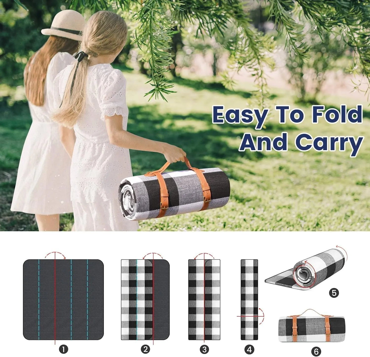 2x2M Portable Picnic Blanket with Comfort Carry Strap-Black Striped