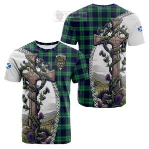 Abercrombie Tartan Cotton T-shirt with Family Crest and St. Andrew's Cross Accented by Thistle Vines