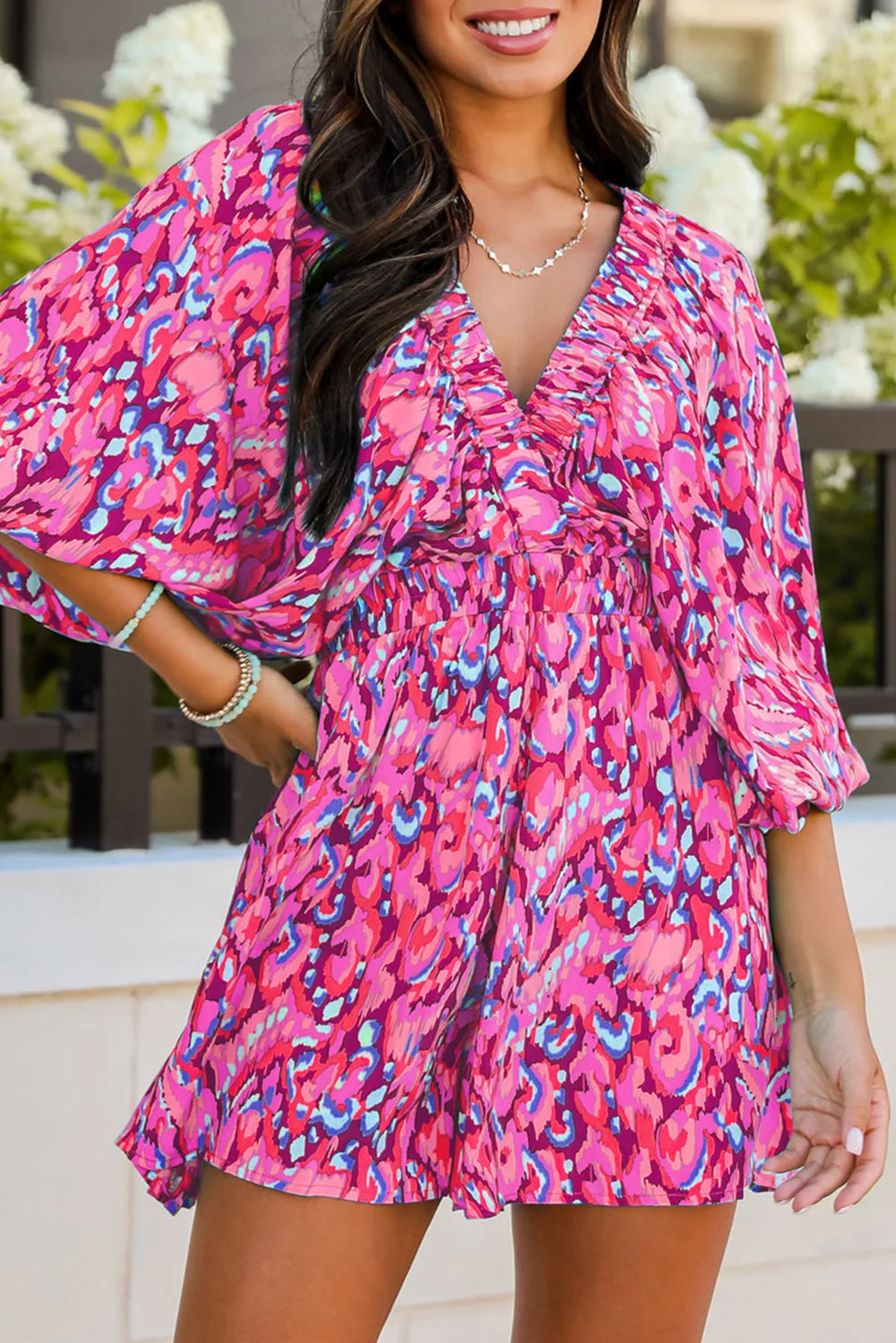 Abstract Puff Sleeve V-Neck Romper