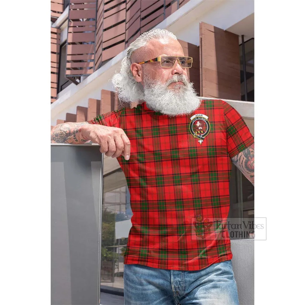 Adair Tartan Cotton T-shirt with Family Crest and Bearded Skull Holding Bottles of Whiskey