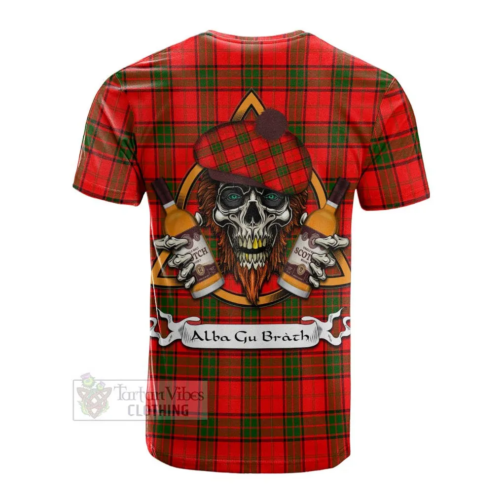 Adair Tartan Cotton T-shirt with Family Crest and Bearded Skull Holding Bottles of Whiskey