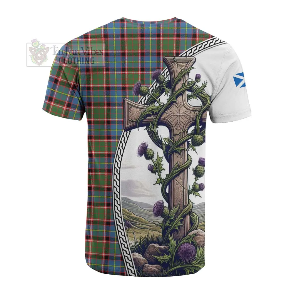 Aikenhead Tartan Cotton T-shirt with Family Crest and St. Andrew's Cross Accented by Thistle Vines