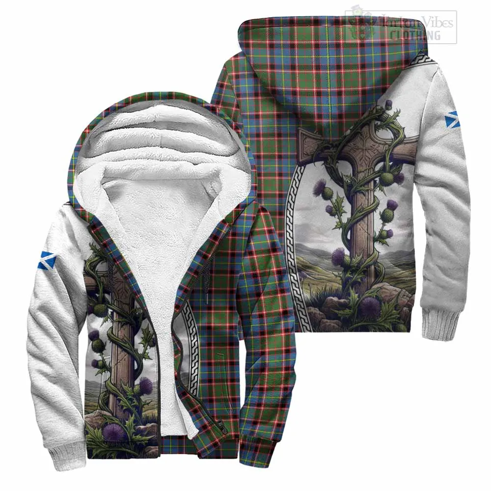 Aikenhead Tartan Sherpa Hoodie with Family Crest and St. Andrew's Cross Accented by Thistle Vines