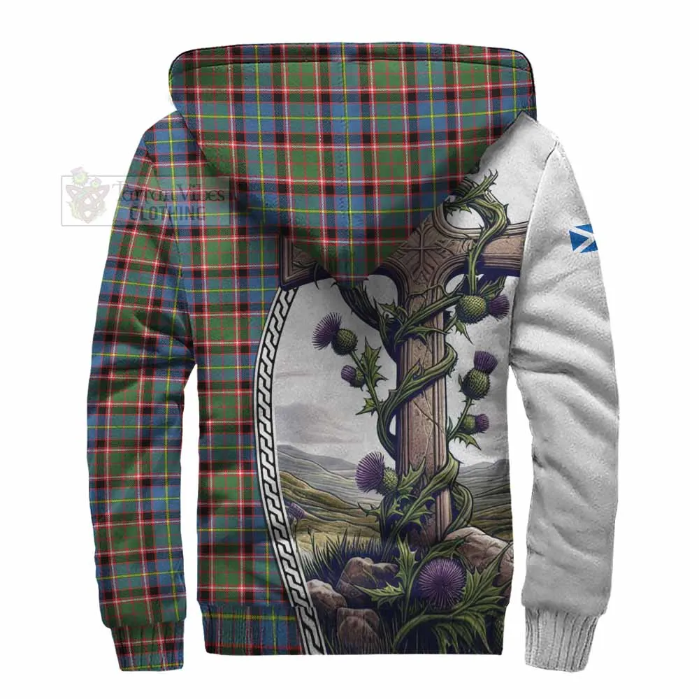 Aikenhead Tartan Sherpa Hoodie with Family Crest and St. Andrew's Cross Accented by Thistle Vines