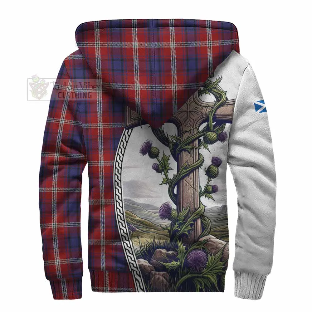 Ainslie Tartan Sherpa Hoodie with Family Crest and St. Andrew's Cross Accented by Thistle Vines