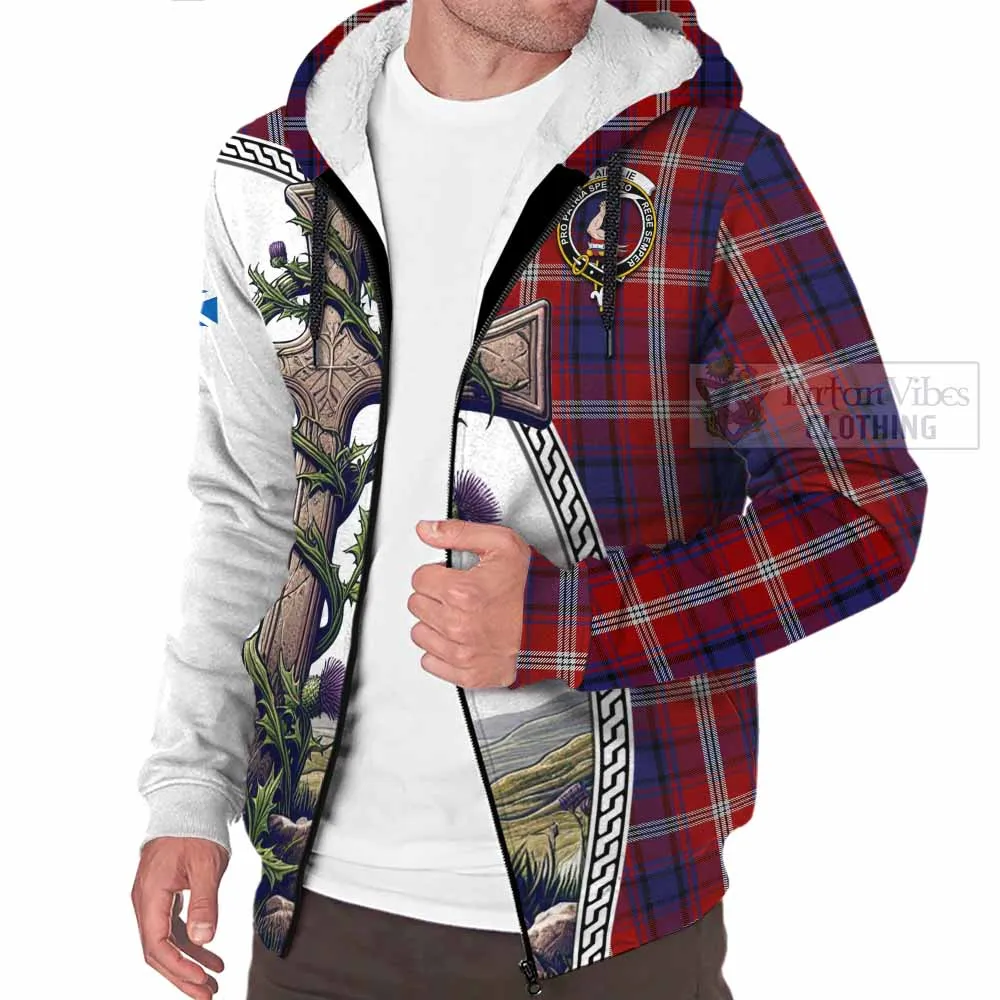 Ainslie Tartan Sherpa Hoodie with Family Crest and St. Andrew's Cross Accented by Thistle Vines