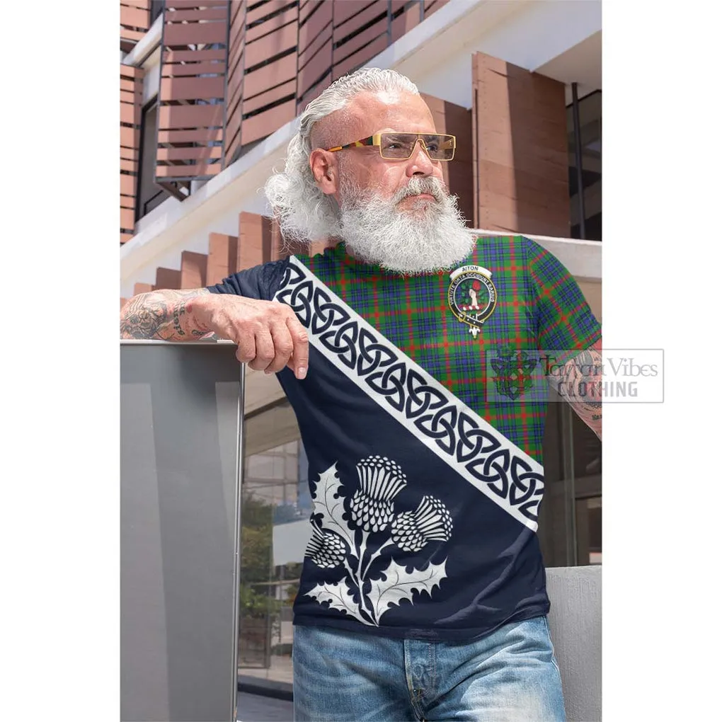 Aiton Tartan Cotton T-shirt Featuring Thistle and Scotland Map