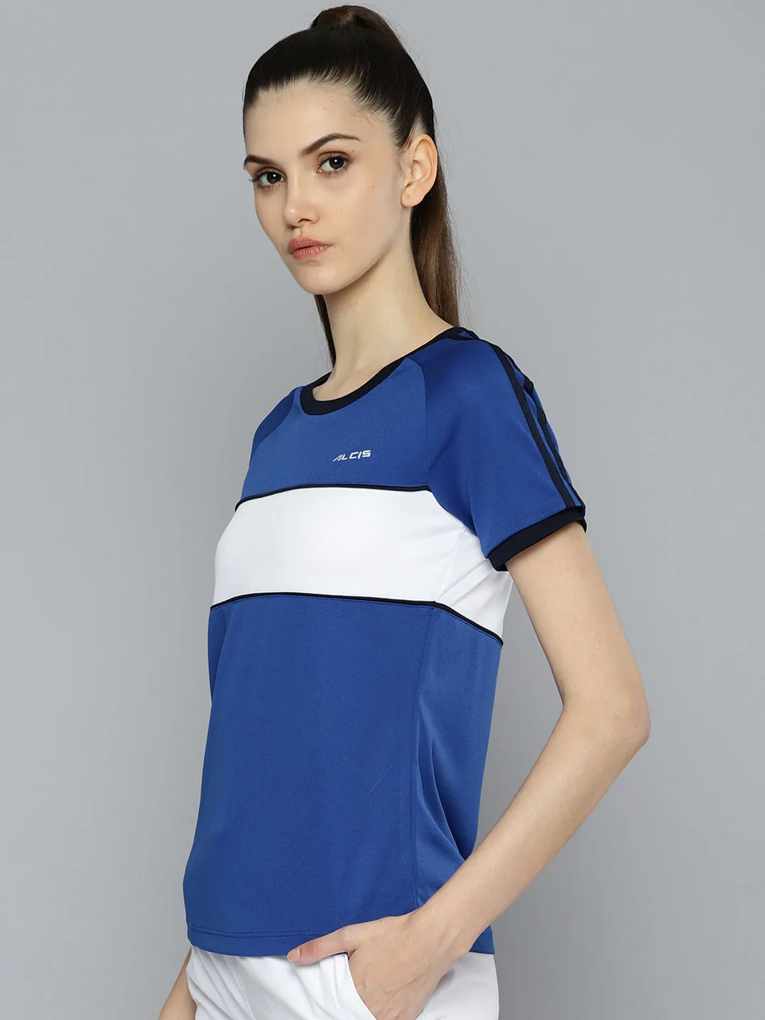 Alcis Women Blue  White Colourblocked Slim Fit T-shirt