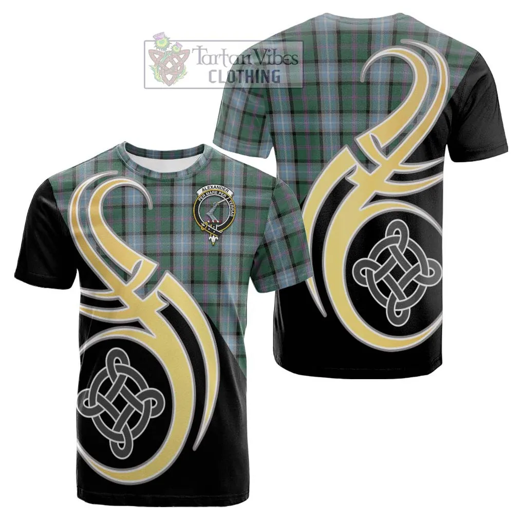 Alexander of Menstry Hunting Tartan Cotton T-shirt with Family Crest and Celtic Symbol Style