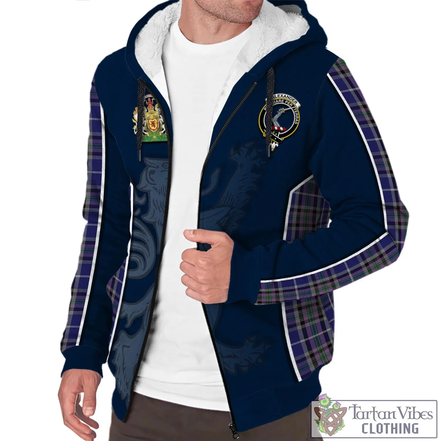 Alexander of Menstry Tartan Sherpa Hoodie with Family Crest and Lion Rampant Vibes Sport Style