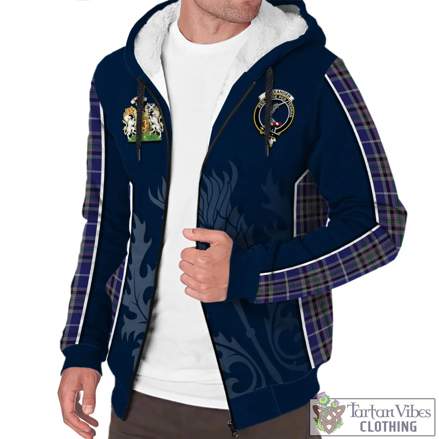 Alexander of Menstry Tartan Sherpa Hoodie with Family Crest and Scottish Thistle Vibes Sport Style