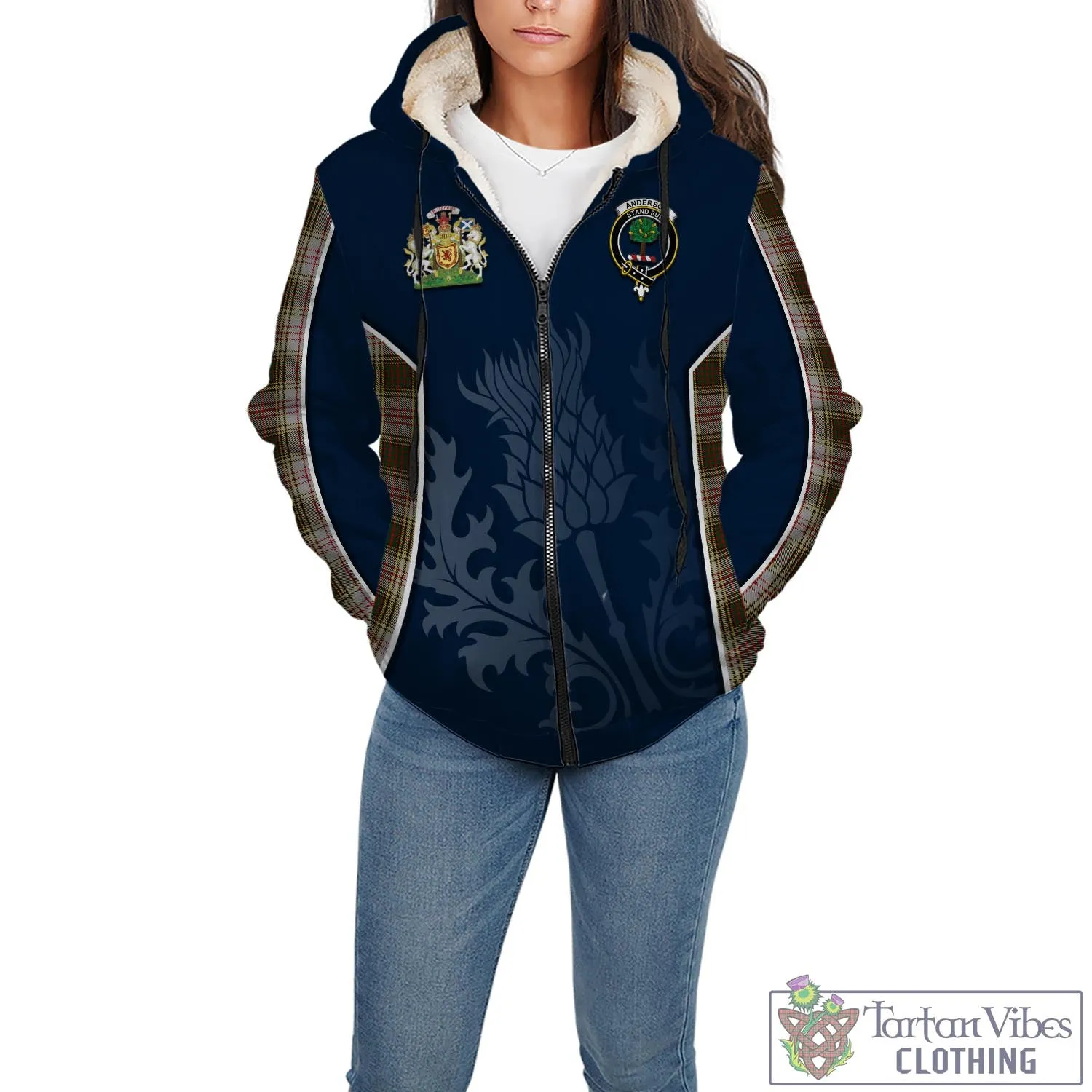 Anderson Dress Tartan Sherpa Hoodie with Family Crest and Scottish Thistle Vibes Sport Style