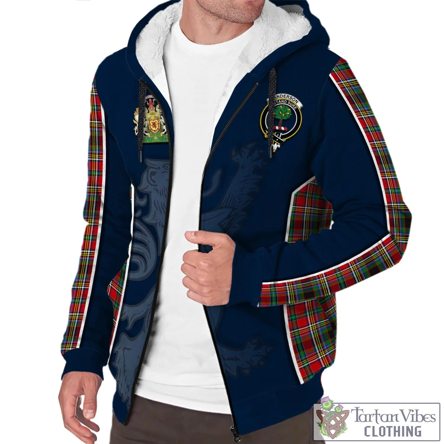 Anderson of Arbrake Tartan Sherpa Hoodie with Family Crest and Lion Rampant Vibes Sport Style