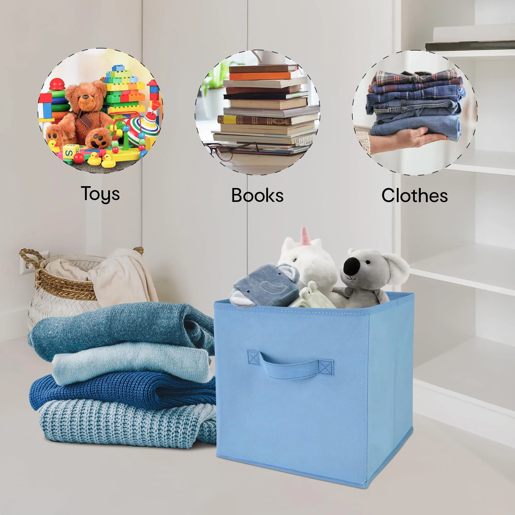 Anko Large Foldable Storage Cube In Set Of 4 |Organizer Basket | Ideal Collapsible Storage Cubes For Home Organiser Kids Toys Box And Wardrobe Clothes Stacker| Blue | 28.1cm L X 27.9cm W X 27.1cm H