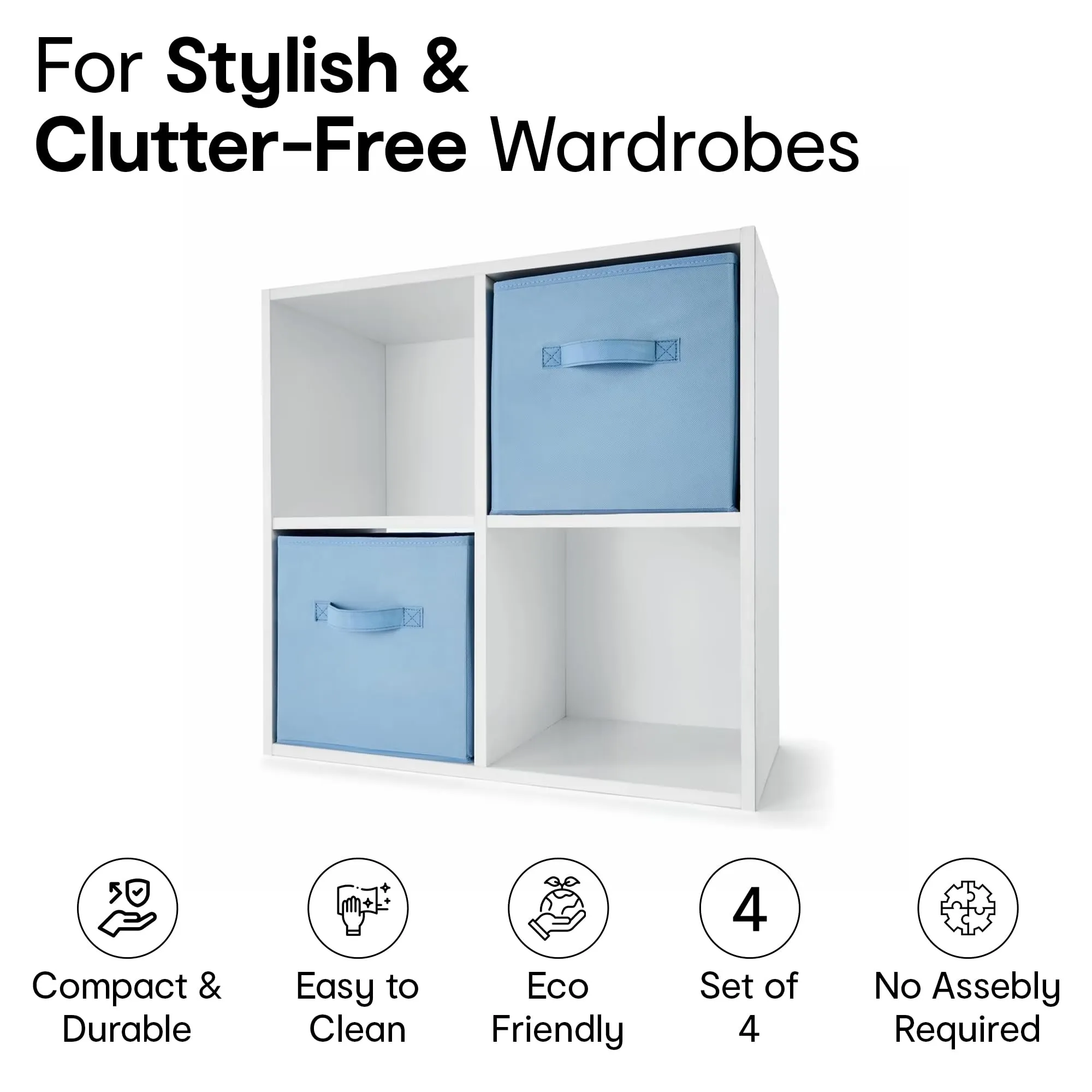 Anko Large Foldable Storage Cube In Set Of 4 |Organizer Basket | Ideal Collapsible Storage Cubes For Home Organiser Kids Toys Box And Wardrobe Clothes Stacker| Blue | 28.1cm L X 27.9cm W X 27.1cm H