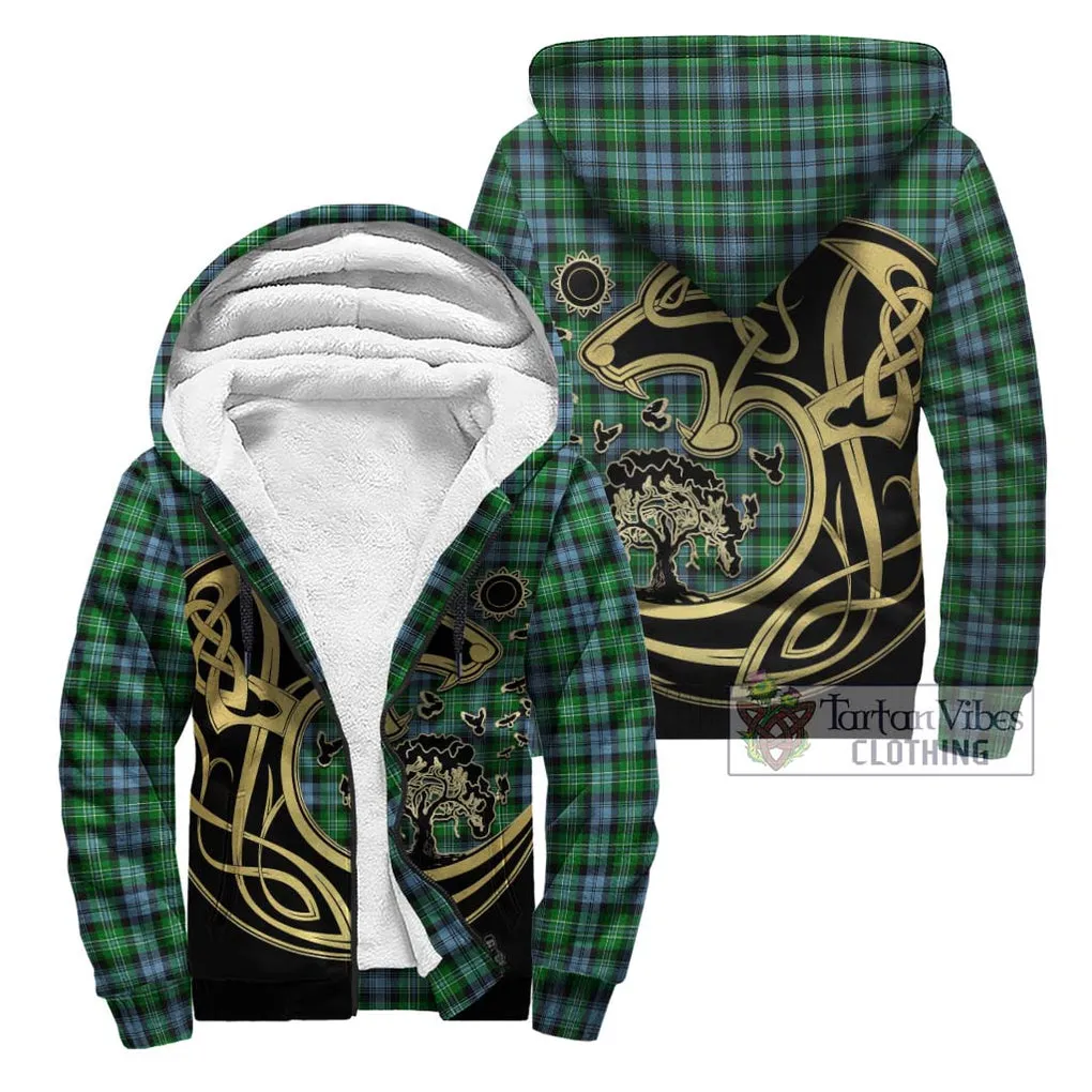 Arbuthnot Ancient Tartan Sherpa Hoodie with Family Crest Celtic Wolf Style