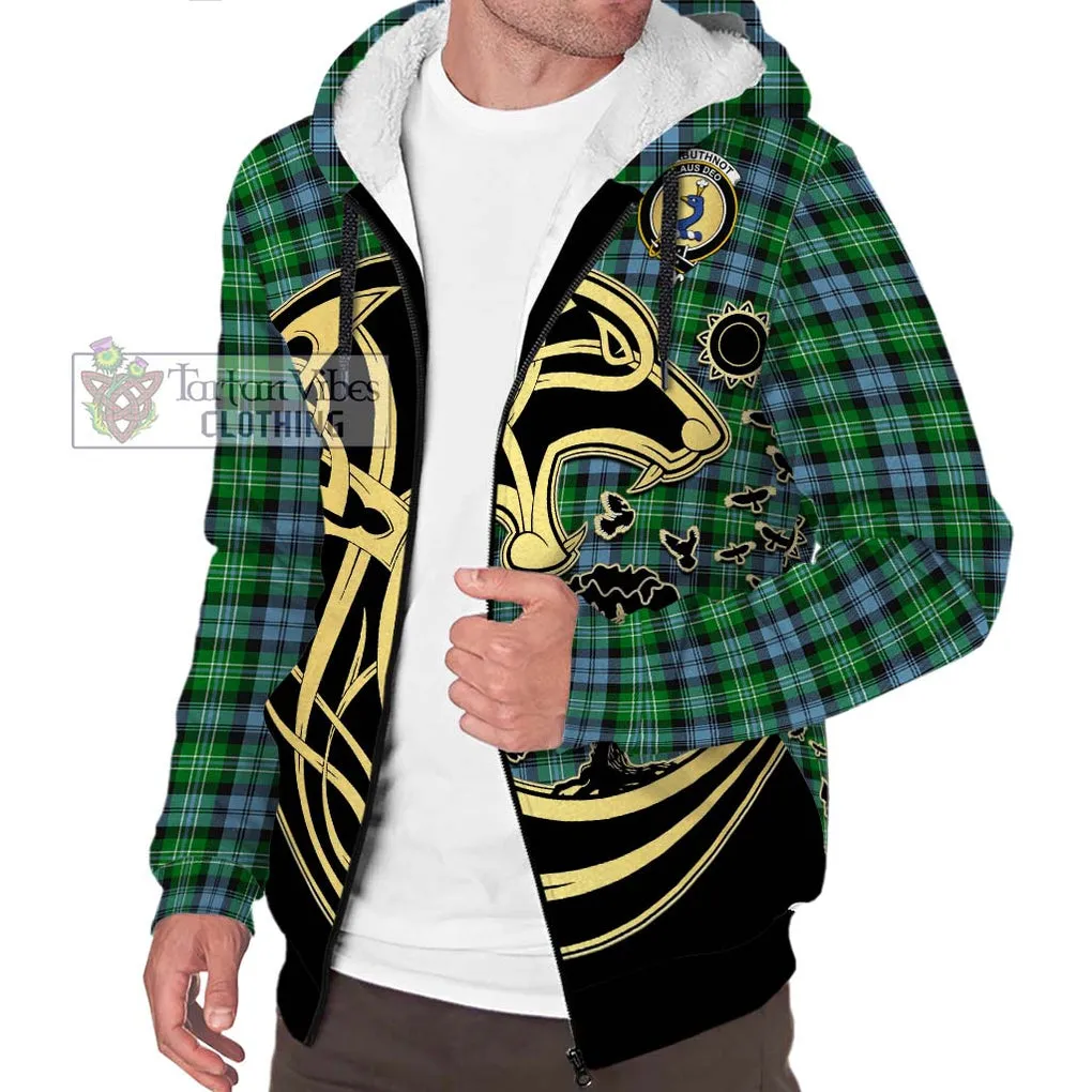 Arbuthnot Ancient Tartan Sherpa Hoodie with Family Crest Celtic Wolf Style