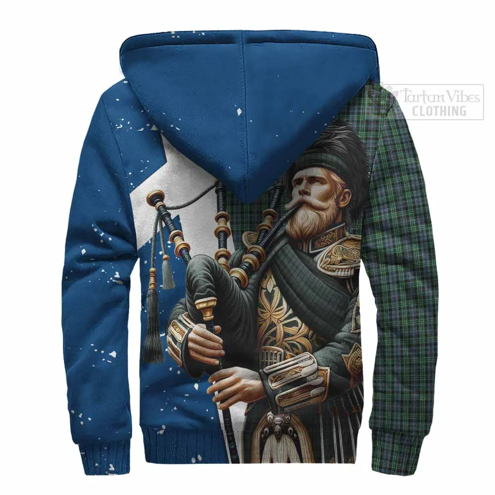 Arbuthnot Tartan Sherpa Hoodie with Family Crest Scottish Bagpiper Vibes