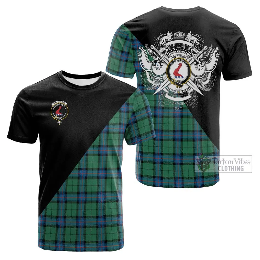 Armstrong Ancient Tartan Cotton T-shirt with Family Crest and Military Logo Style