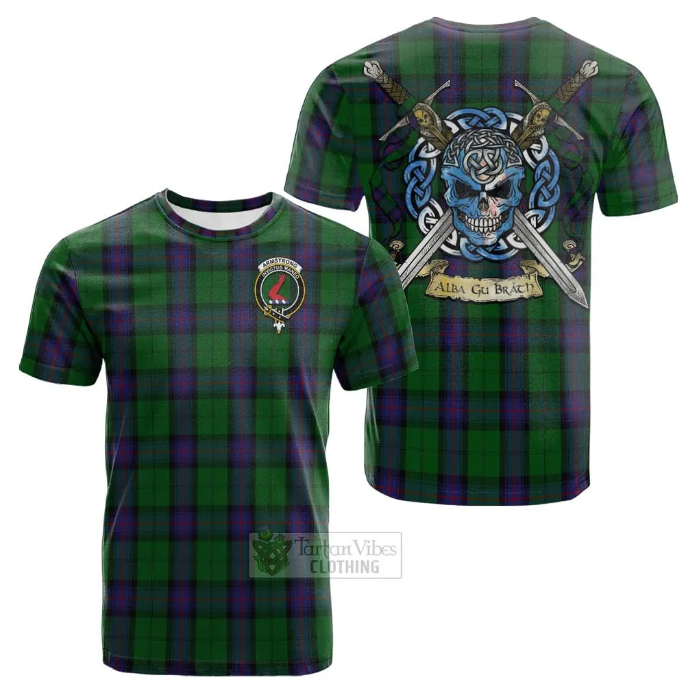 Armstrong Tartan Cotton T-shirt with Family Crest Celtic Skull Style