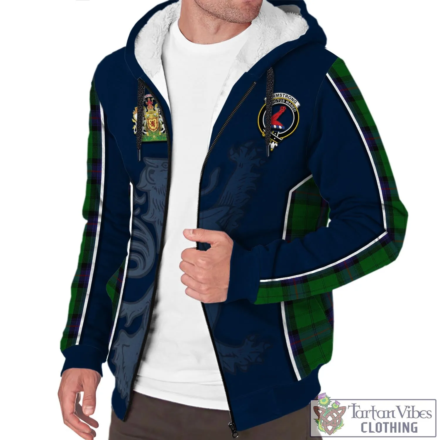 Armstrong Tartan Sherpa Hoodie with Family Crest and Lion Rampant Vibes Sport Style