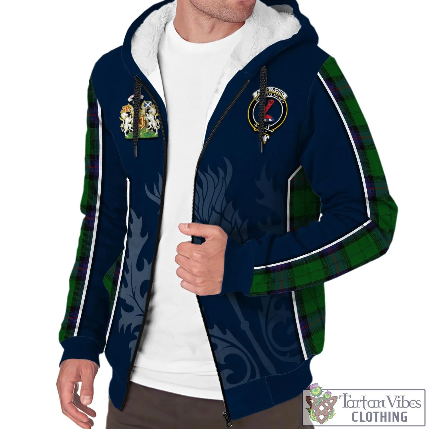 Armstrong Tartan Sherpa Hoodie with Family Crest and Scottish Thistle Vibes Sport Style