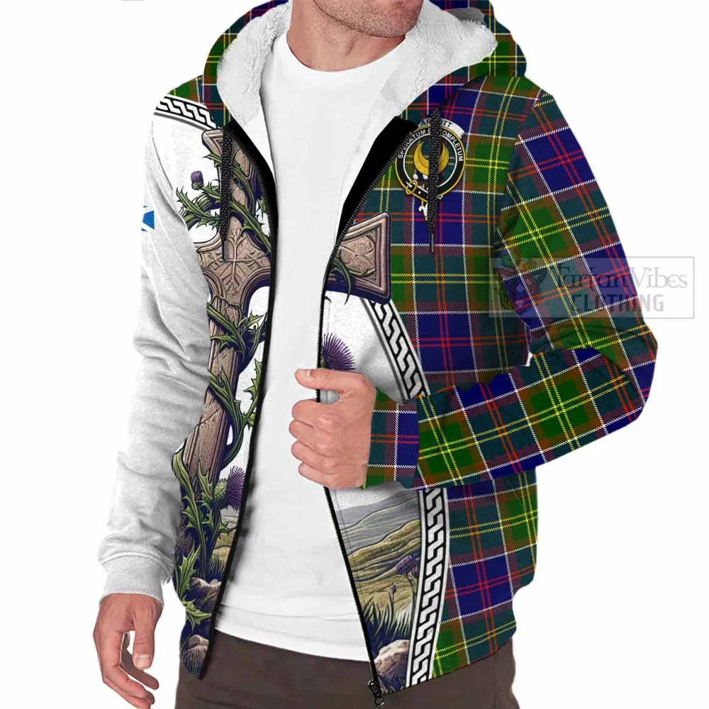 Arnott Tartan Sherpa Hoodie with Family Crest and St. Andrew's Cross Accented by Thistle Vines