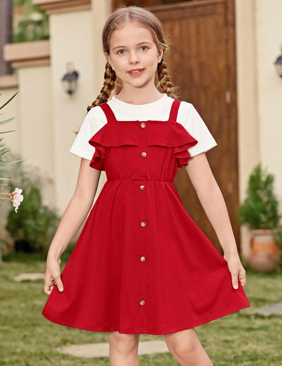 Arshiner Girls Dresses Strap Cold Shoulder Ruffle A Line Dresses