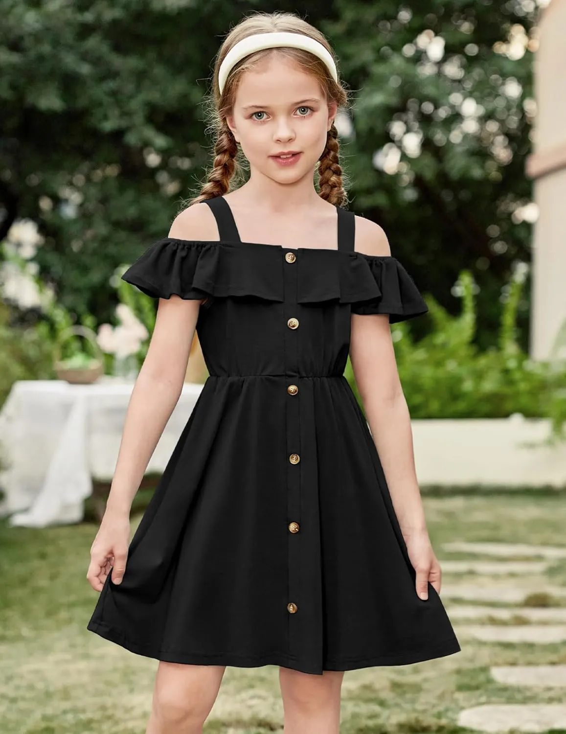 Arshiner Girls Dresses Strap Cold Shoulder Ruffle A Line Dresses