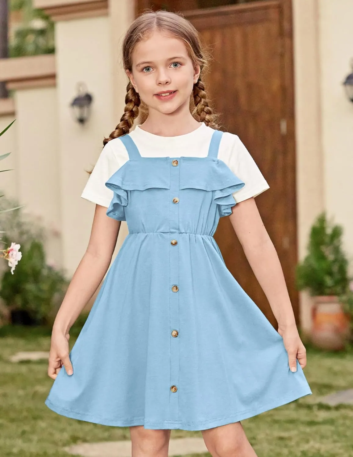 Arshiner Girls Dresses Strap Cold Shoulder Ruffle A Line Dresses