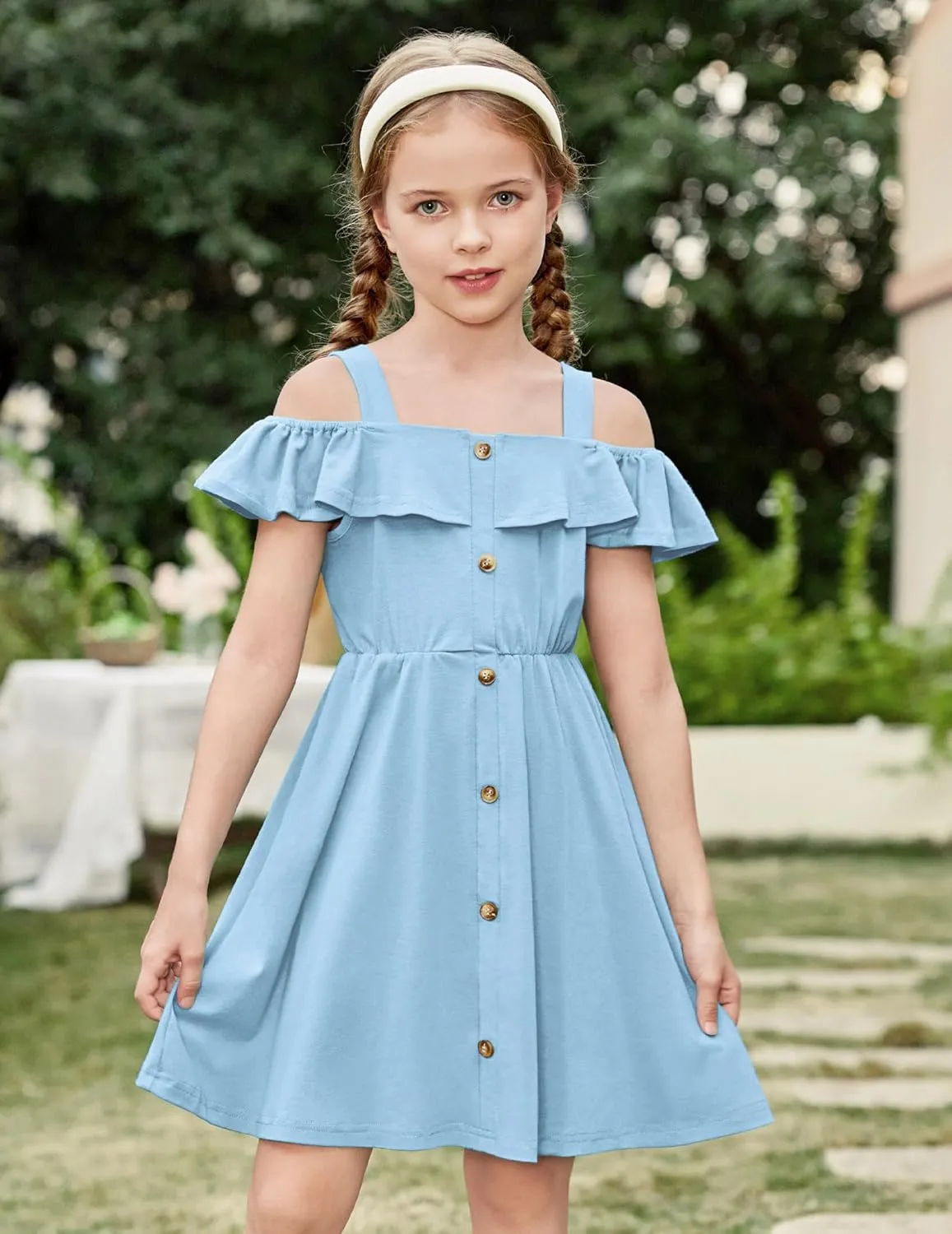 Arshiner Girls Dresses Strap Cold Shoulder Ruffle A Line Dresses