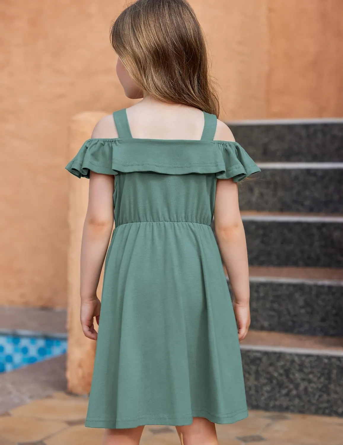 Arshiner Girls Dresses Strap Cold Shoulder Ruffle A Line Dresses