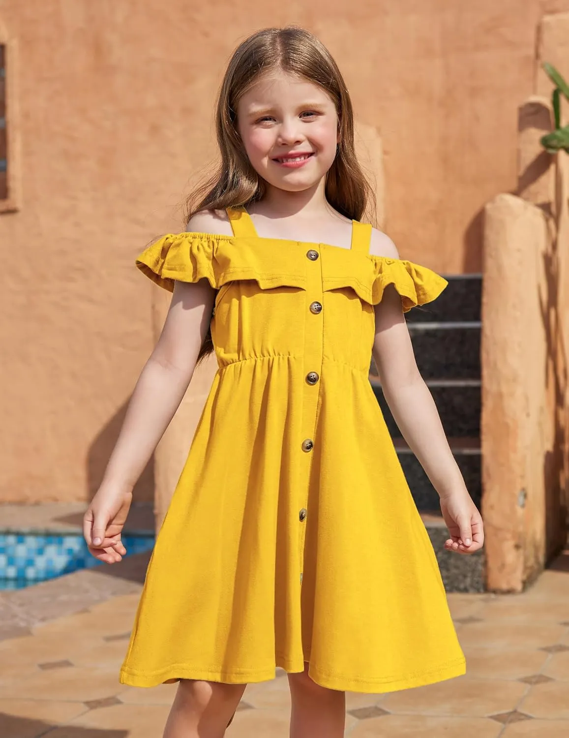 Arshiner Girls Dresses Strap Cold Shoulder Ruffle A Line Dresses