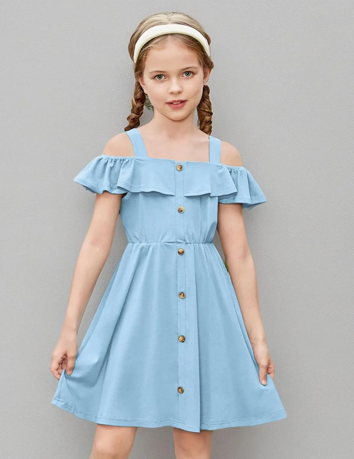 Arshiner Girls Dresses Strap Cold Shoulder Ruffle A Line Dresses