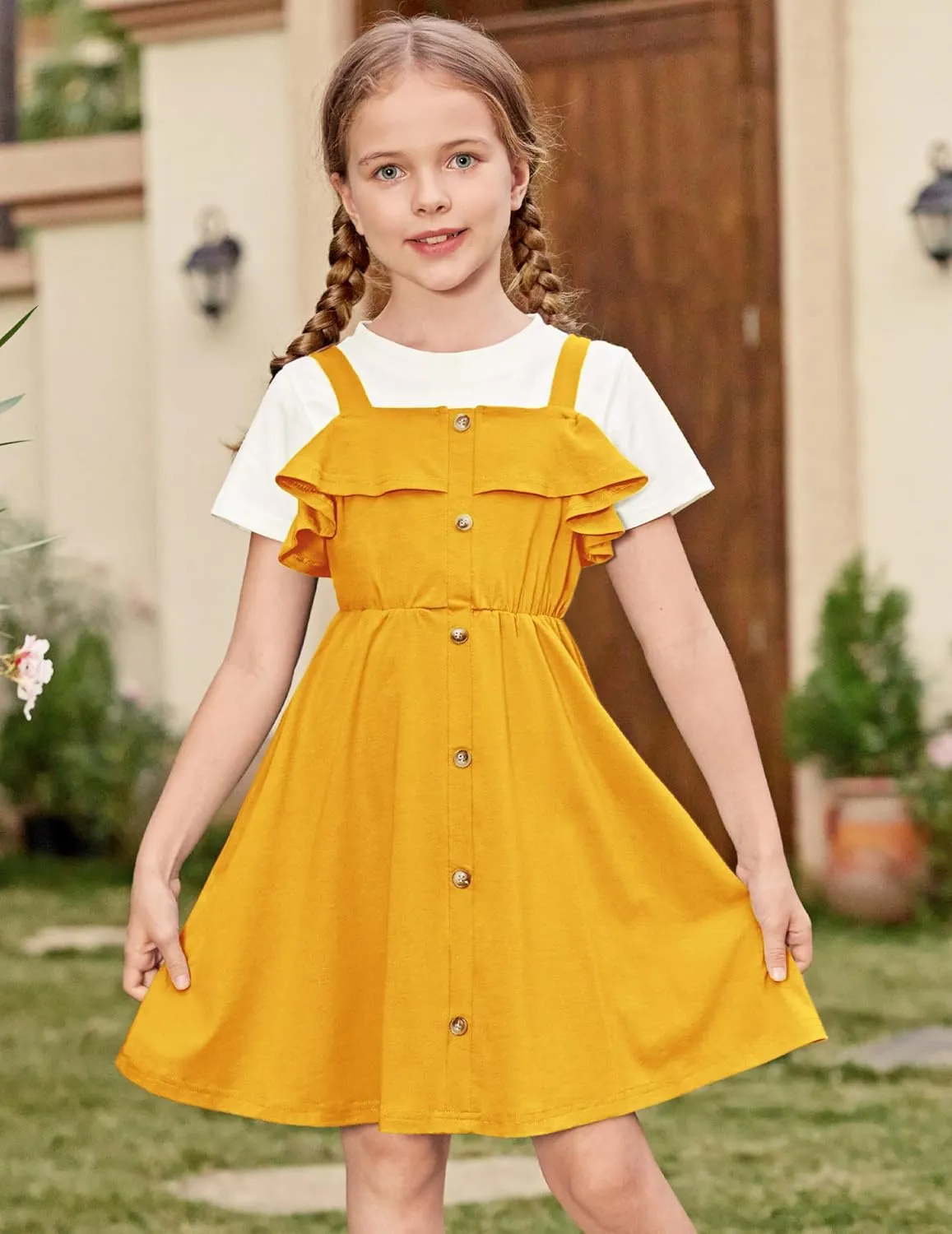 Arshiner Girls Dresses Strap Cold Shoulder Ruffle A Line Dresses