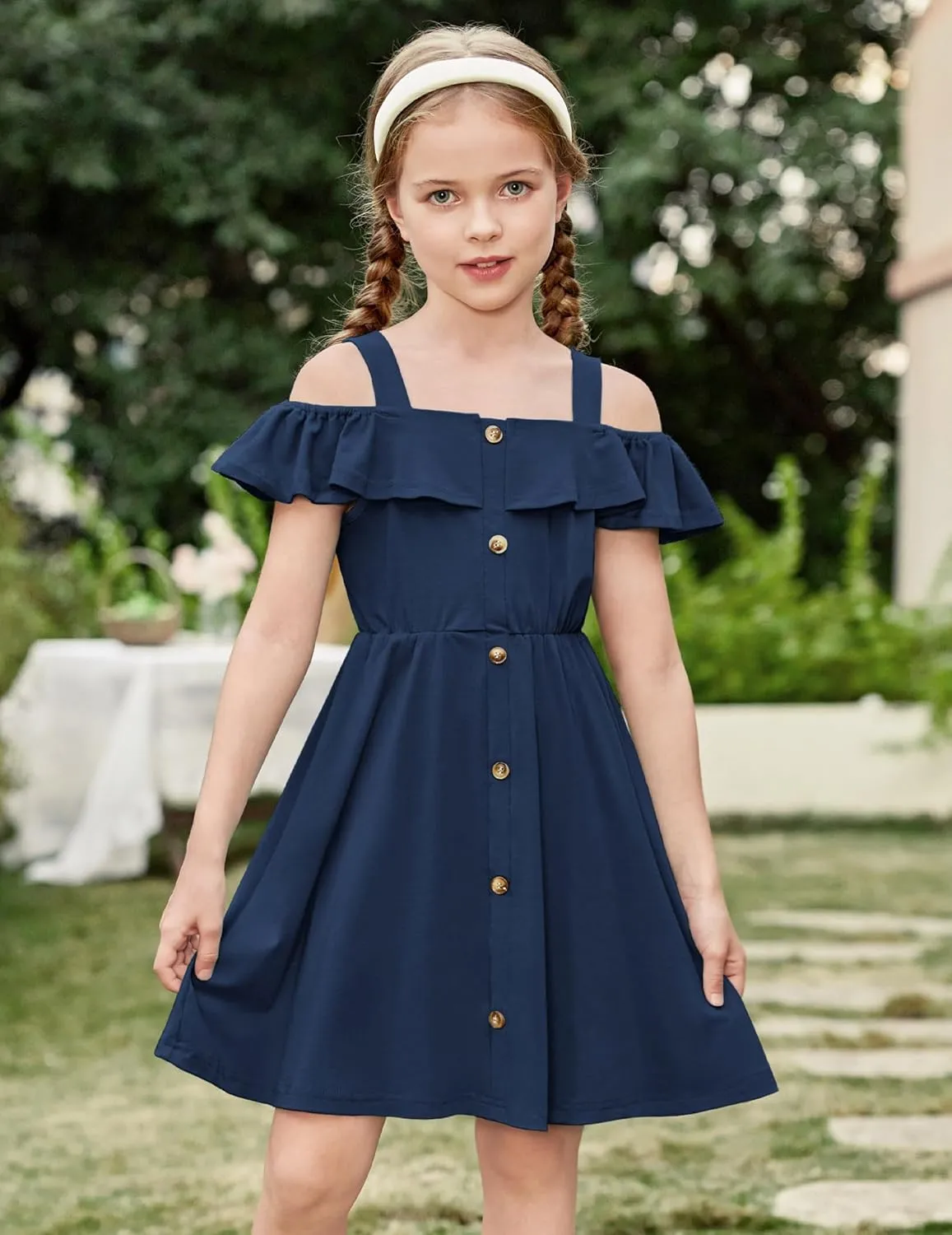 Arshiner Girls Dresses Strap Cold Shoulder Ruffle A Line Dresses