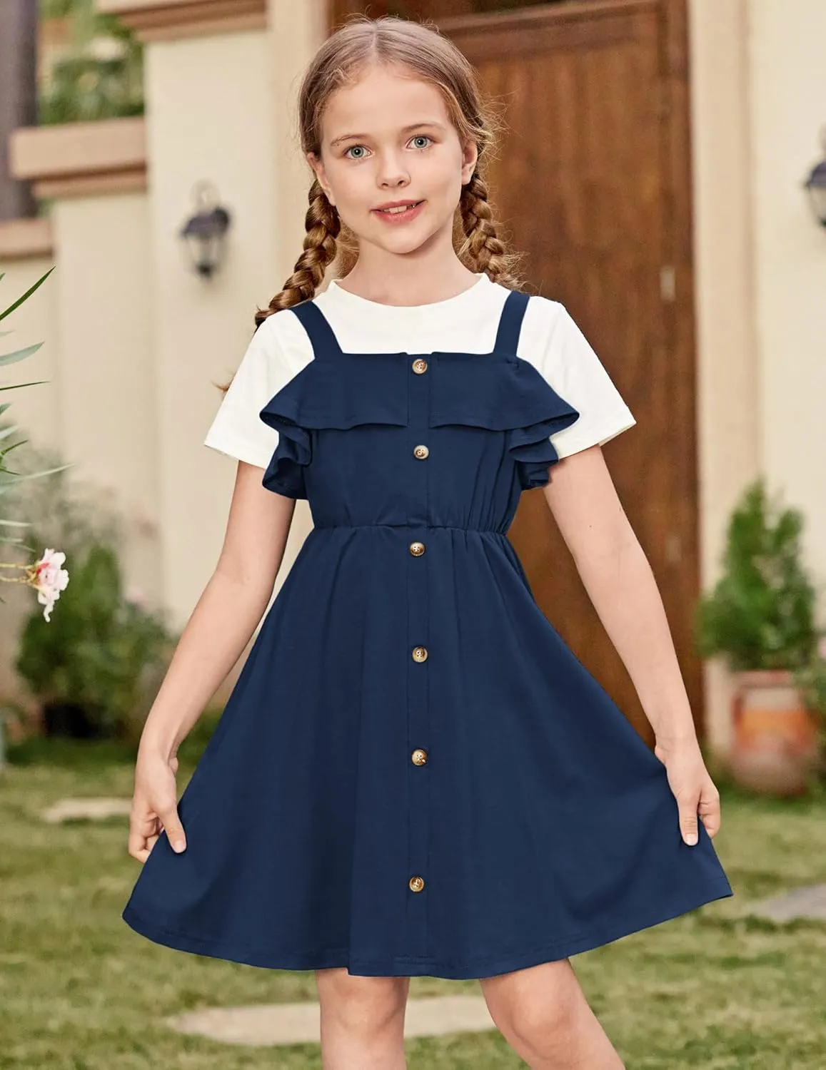 Arshiner Girls Dresses Strap Cold Shoulder Ruffle A Line Dresses