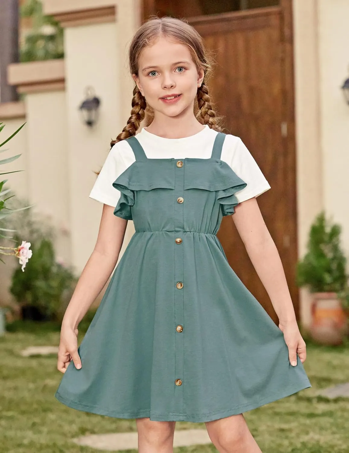 Arshiner Girls Dresses Strap Cold Shoulder Ruffle A Line Dresses