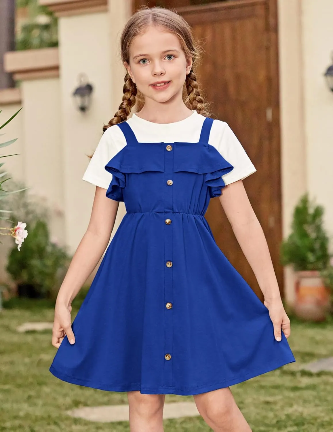 Arshiner Girls Dresses Strap Cold Shoulder Ruffle A Line Dresses