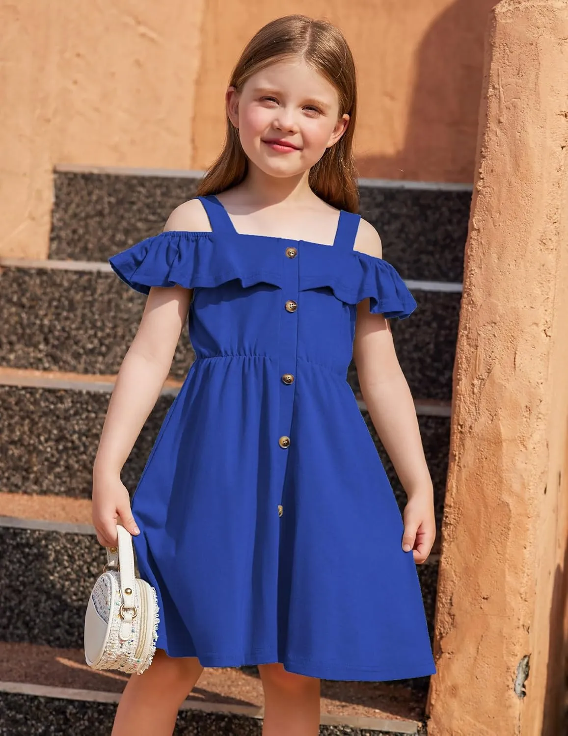 Arshiner Girls Dresses Strap Cold Shoulder Ruffle A Line Dresses