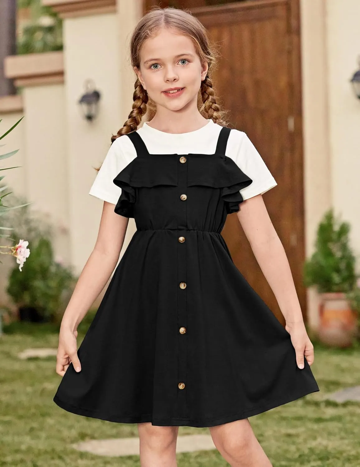 Arshiner Girls Dresses Strap Cold Shoulder Ruffle A Line Dresses