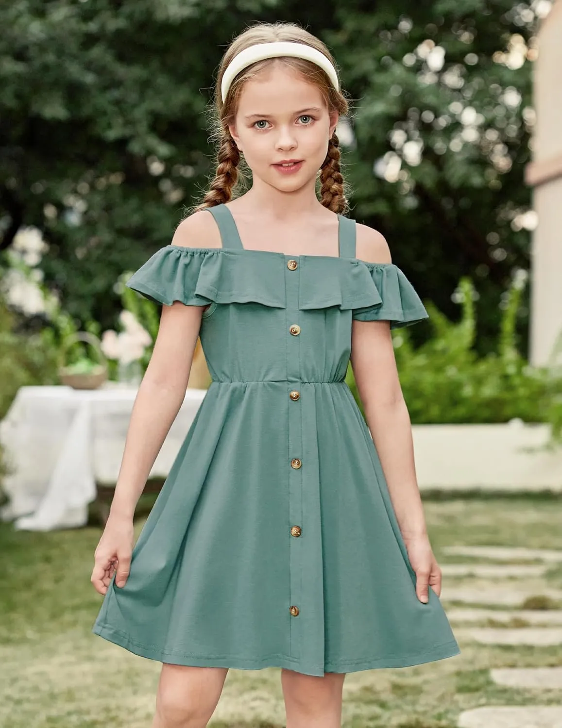 Arshiner Girls Dresses Strap Cold Shoulder Ruffle A Line Dresses