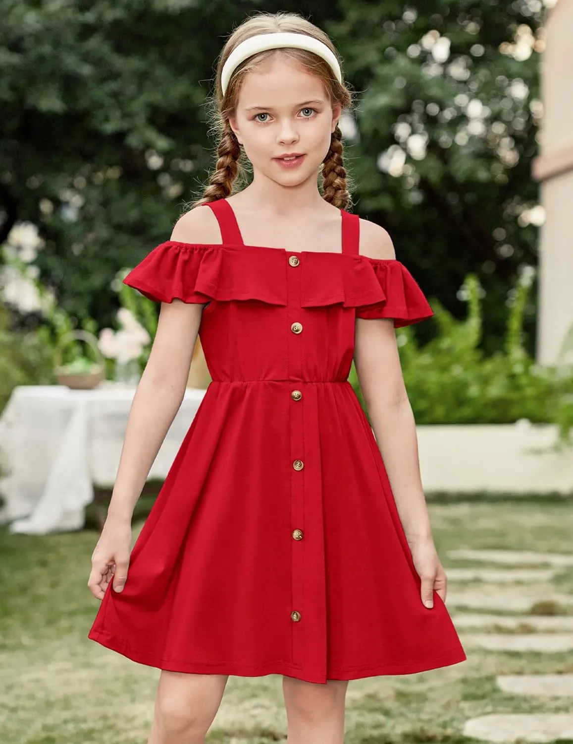 Arshiner Girls Dresses Strap Cold Shoulder Ruffle A Line Dresses