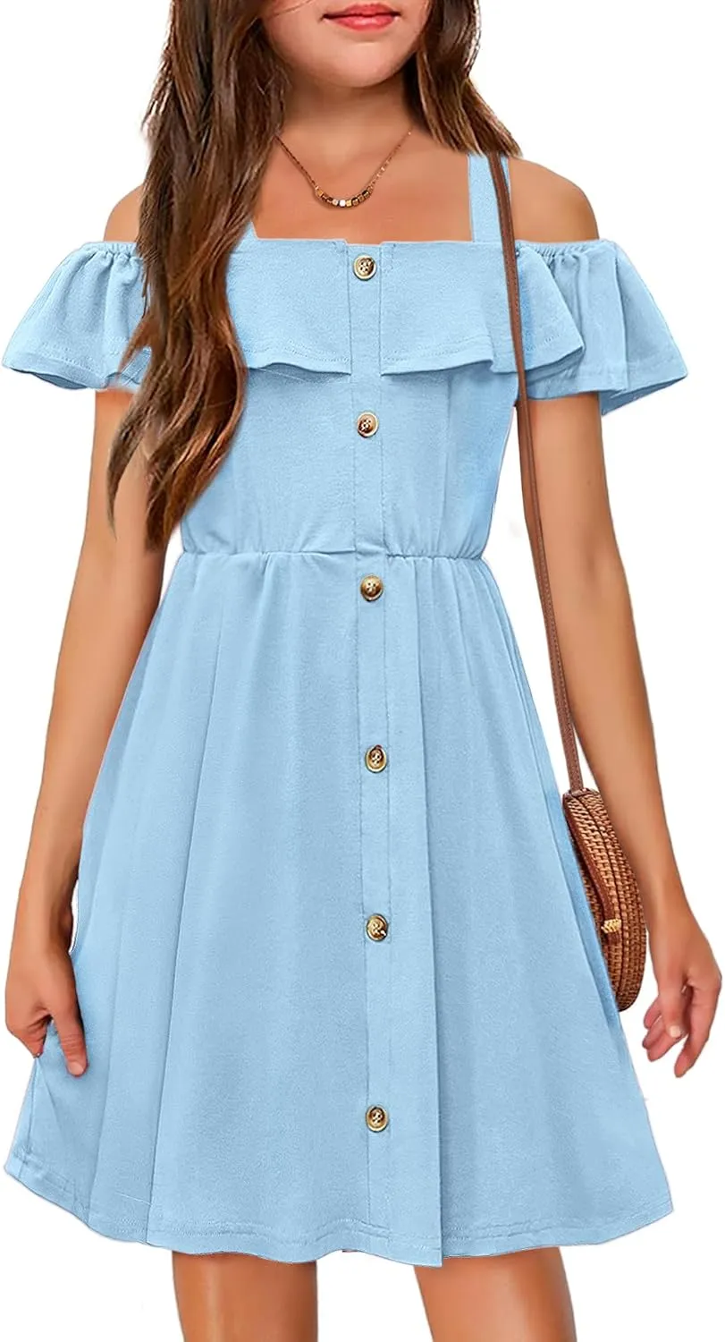 Arshiner Girls Dresses Strap Cold Shoulder Ruffle A Line Dresses