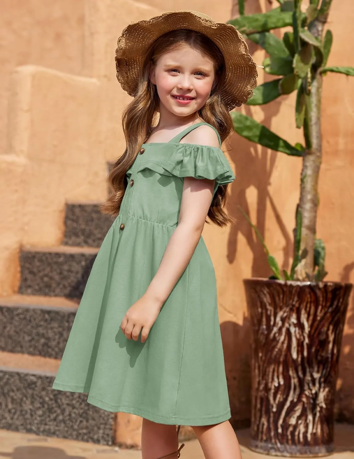 Arshiner Girls Dresses Strap Cold Shoulder Ruffle A Line Dresses