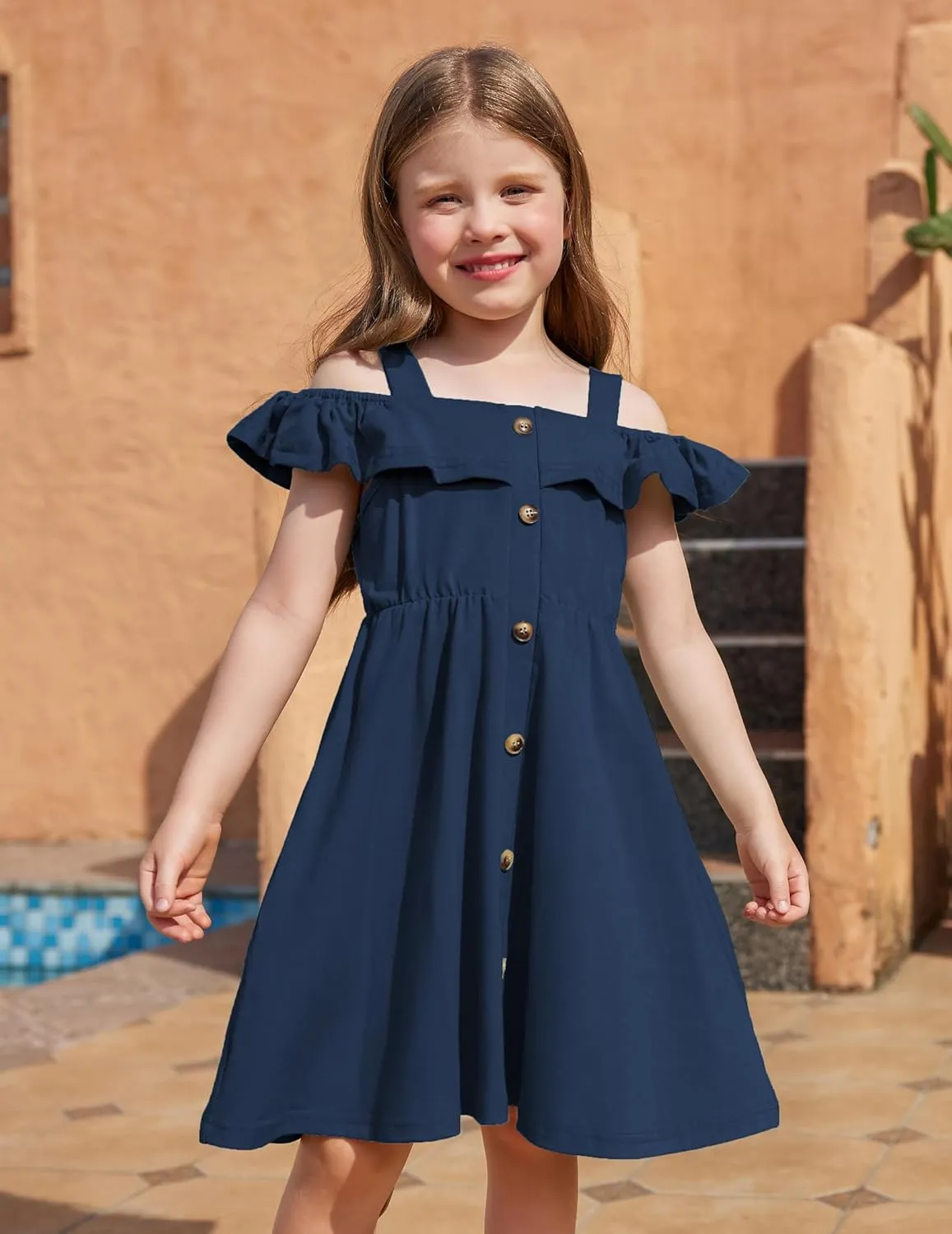 Arshiner Girls Dresses Strap Cold Shoulder Ruffle A Line Dresses