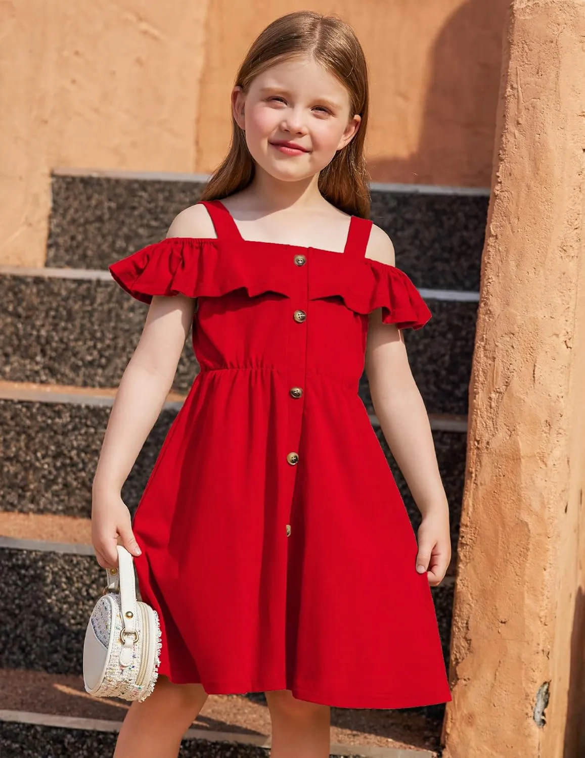 Arshiner Girls Dresses Summer Cold Shoulder Ruffle A Line Dresses