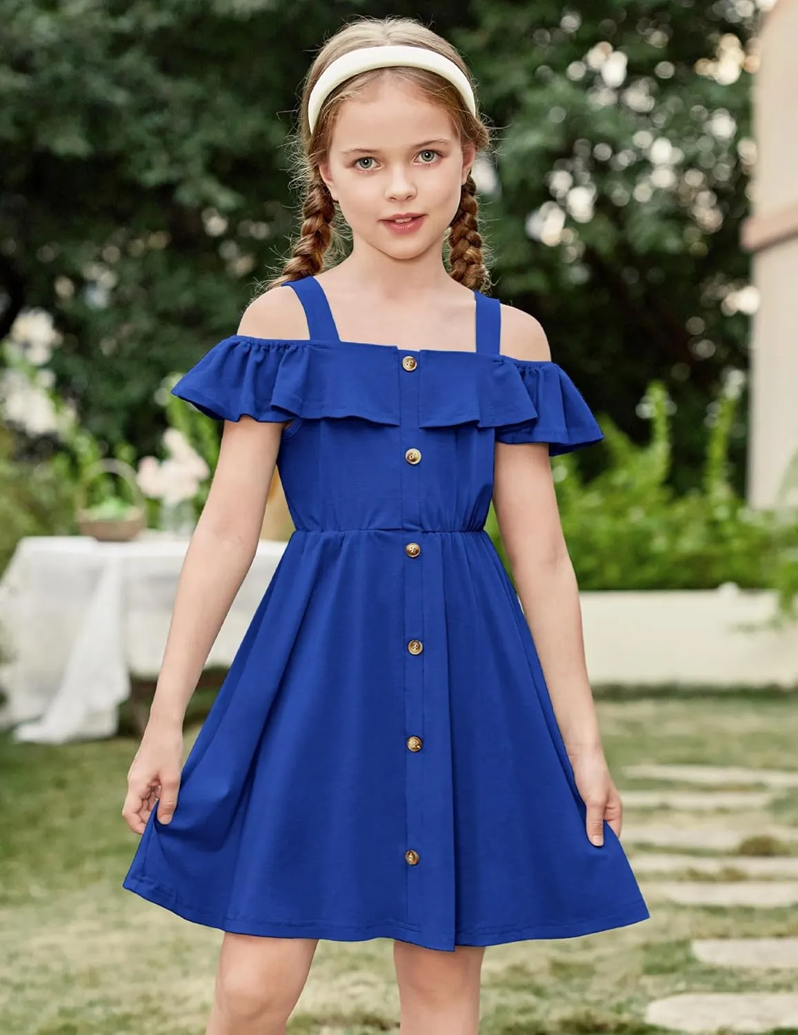 Arshiner Girls Dresses Summer Cold Shoulder Ruffle A Line Dresses